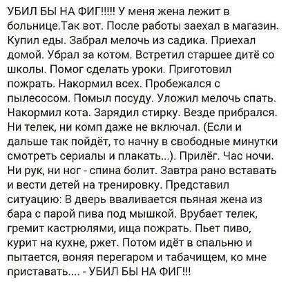 УБИЛ БЫ НА ФИГ У меня жена ЛЕЖИТ в больницеТак ват После работы заехал в магазин Купил еды Забрал мелочь из садика Приехал домой Убрал за котом Встретил старшее дитё со школы Помог сделать уроки Приготовип пожрать Накормил всех Пробежапся с пылесосом Помыл посуду Уложип мелочь спать Накормил ката Зарядил стирку Везде прибрался Ни телек ни комп даже не включал Если и дальше так пойдёт то начну в св
