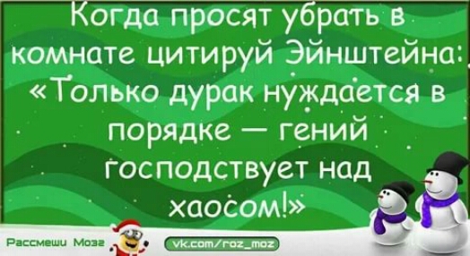 Когда просят убрать в комнате цитируй Эйнштейна Только дурак нудждается в порядке генйй Господствует над хаоСом