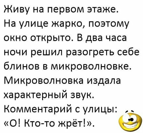 Живу на первом этаже На улице жарко поэтому окно открыто В два часа ночи решил разогреть себе блинов в микроволновке Микроволновка издала характерный звук Комментарий с улицы 0 Кто то жрёт