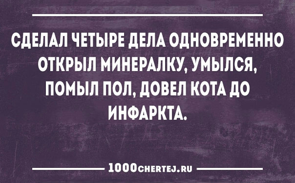 СДЕЛАЛ ЧЕТЫРЕ дЕЛА ОДНОВРЕМЕННО ОТКРЫЛ МИНЕРАЛКУ УМЫЛСЯ ПОМЫЛ ПОЛ дОВЕЛ КОТА дО ИНФАРКТА 10000иіптыпи