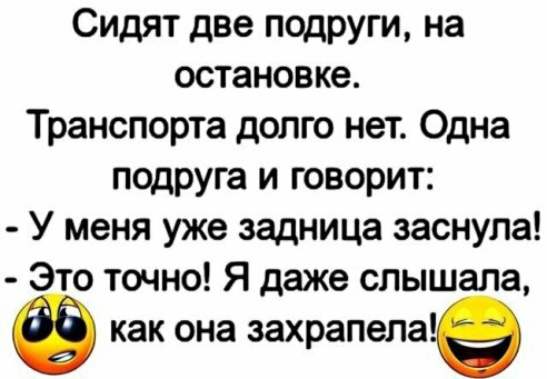 Сидят две подруги на остановке Транспорта долго нет Одна подруга и говорит У меня уже задница заснула Это точно Я даже слышала как она захрапепа
