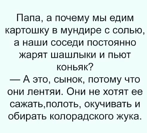 Папа а почему мы едим картошку в мундире с солью а наши соседи постоянно жарят шашлыки и пьют коньяк А это сынок потому что они лентяи Они не хотят ее сажатьпопоть окучивать и обирать копорадского жука