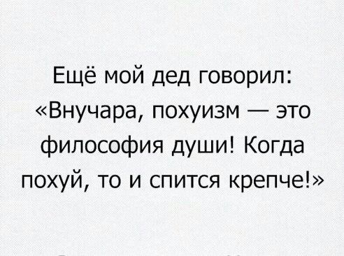 Ещё мой дед говорил Внучара похуизм это философия души Когда похуй то и спится крепче