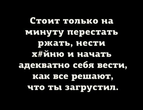 Стоит только на минуту перестать ржать нести хйню и начать адекватно себя вести как все решают что ты загрустил