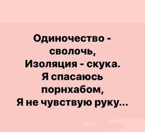 Одиночество сволочь Изоляция скука Я спасаюсь порнхабом Я не чувствую руку