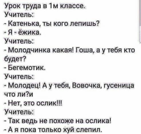 Урок труда в классе Учитель Катенька ты кого лепишь Я ёжика Учитель Молодчинка какая Гоша а у тебя кто будет Бегемотик Учитель Молодец А у тебя Вовочка гусеница что лии Нет это ослик Учитель Так ведь не похоже на ослика А я пока только хуй слепил