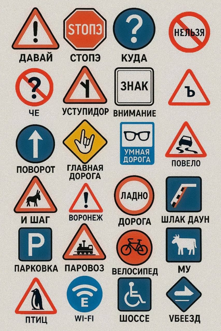 СТОПЭ ? НЕЛЬЗЯ ДАВАЙ ? ЧЕ УСТУПИДОР ВНИМАНИЕ ПОВОРОТ ГЛАВНАЯ ДОРога УМНАЯ ДОРога ПОВЕЛО ЛАДНО ШЛАК ДАУН ПТИЦ ПАРОВОЗ ВЕЛОСИПЕД МУ ШОССЕ УВЕЗЕД
