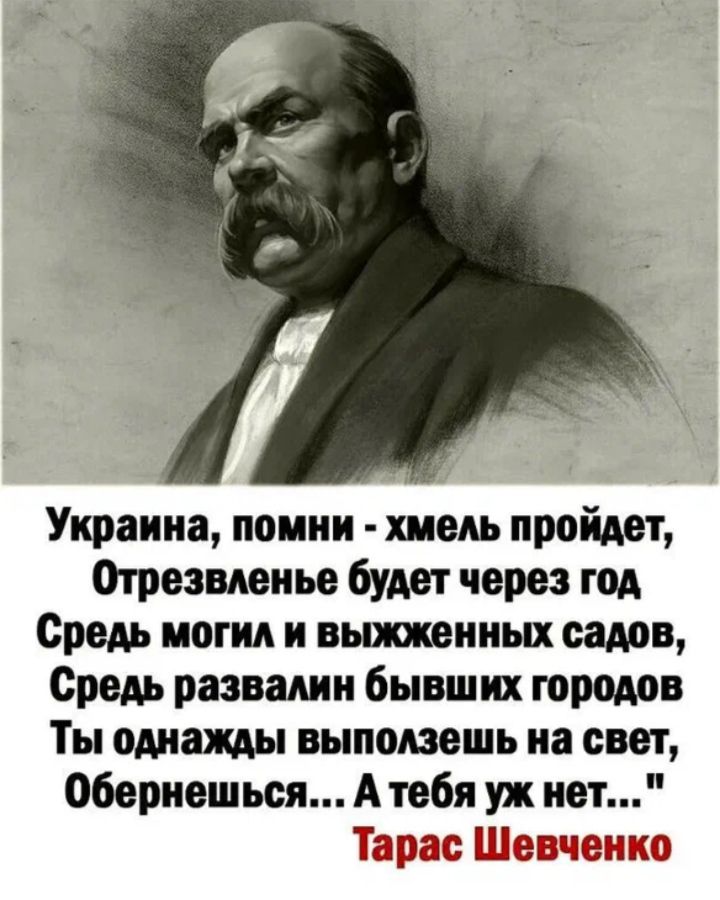 Украина помни хмель пройдет Отрезвленье будет через год Средь могил и выжженных садов Средь развалин бывших городов Ты однажды выползешь на свет Обернешься А тебя уж нет Тарас