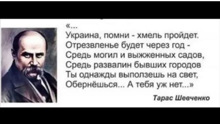 Украина помни хмель пройдет Отрезвленье будет через год Средь могил и выжженных садов Средь развалин бывших городов Ты однажды выползешь на свет Обернёшься А тебя уж нет Тарас Шевченко