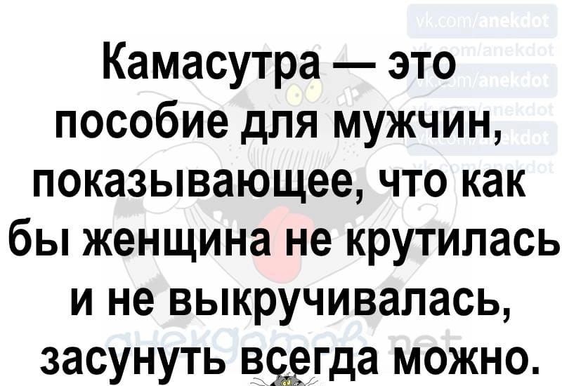 Камасутра это пособие для мужчин показывающее что как бы женщина не крутилась и не выкручивалась засунуть всегда можно