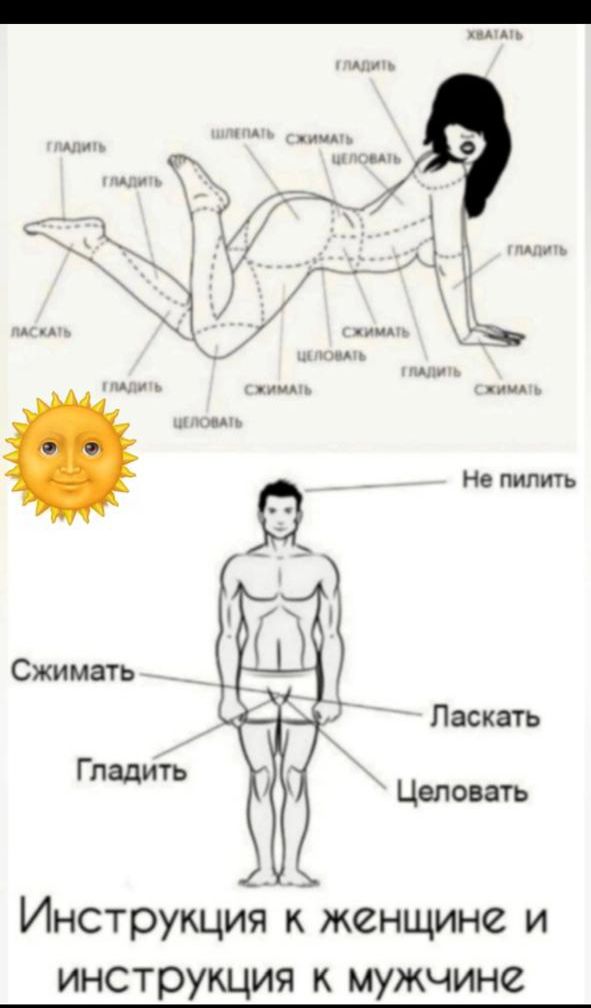 Инструкция к женщине и инструкция к мужчине

Не пилить

Сжимать

Ласкать

Гладить

Целовать