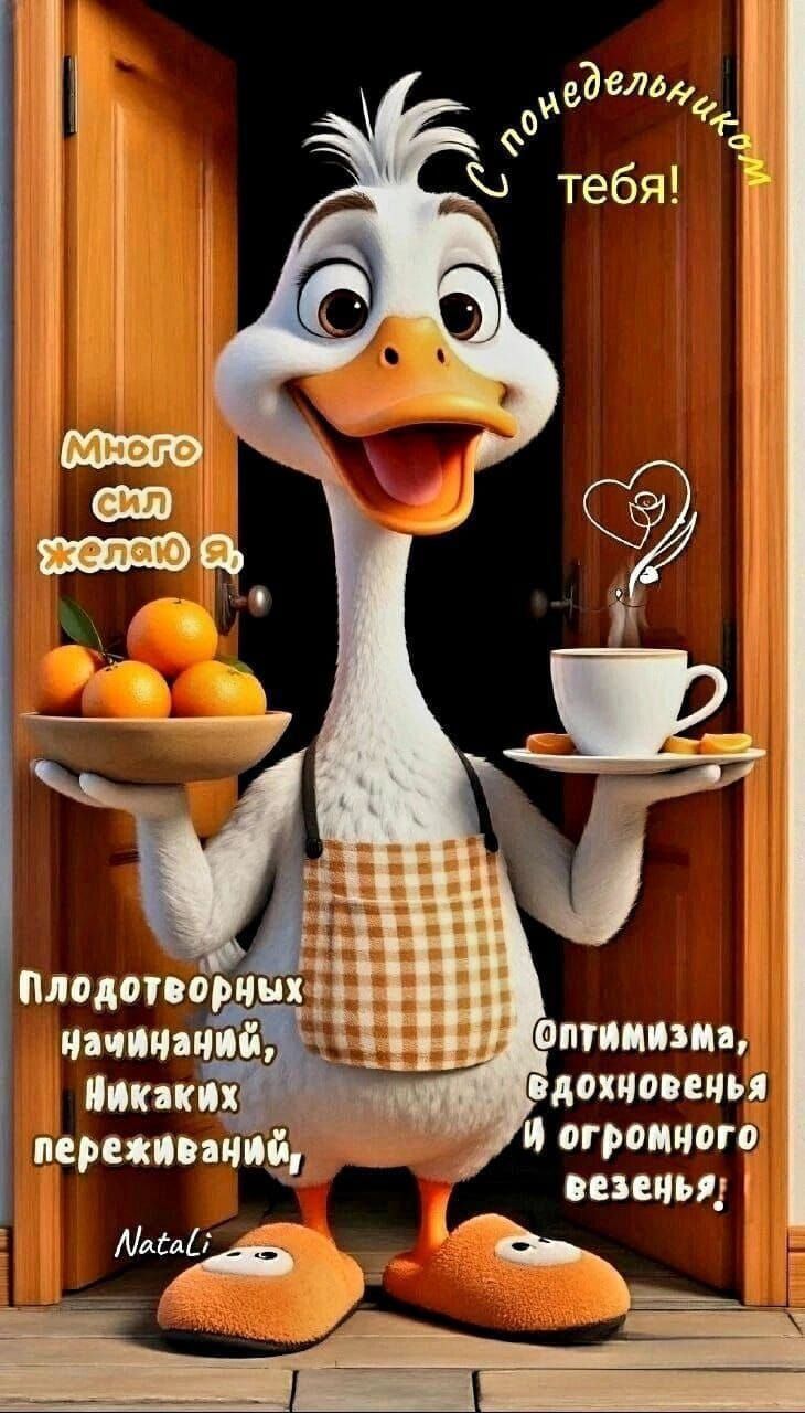 С понедельником тебя!
Много сил желаю я,
Плодотворных начинаний,
Никаких переживаний,
Оптимизма, вдохновения
и огромного везенья!