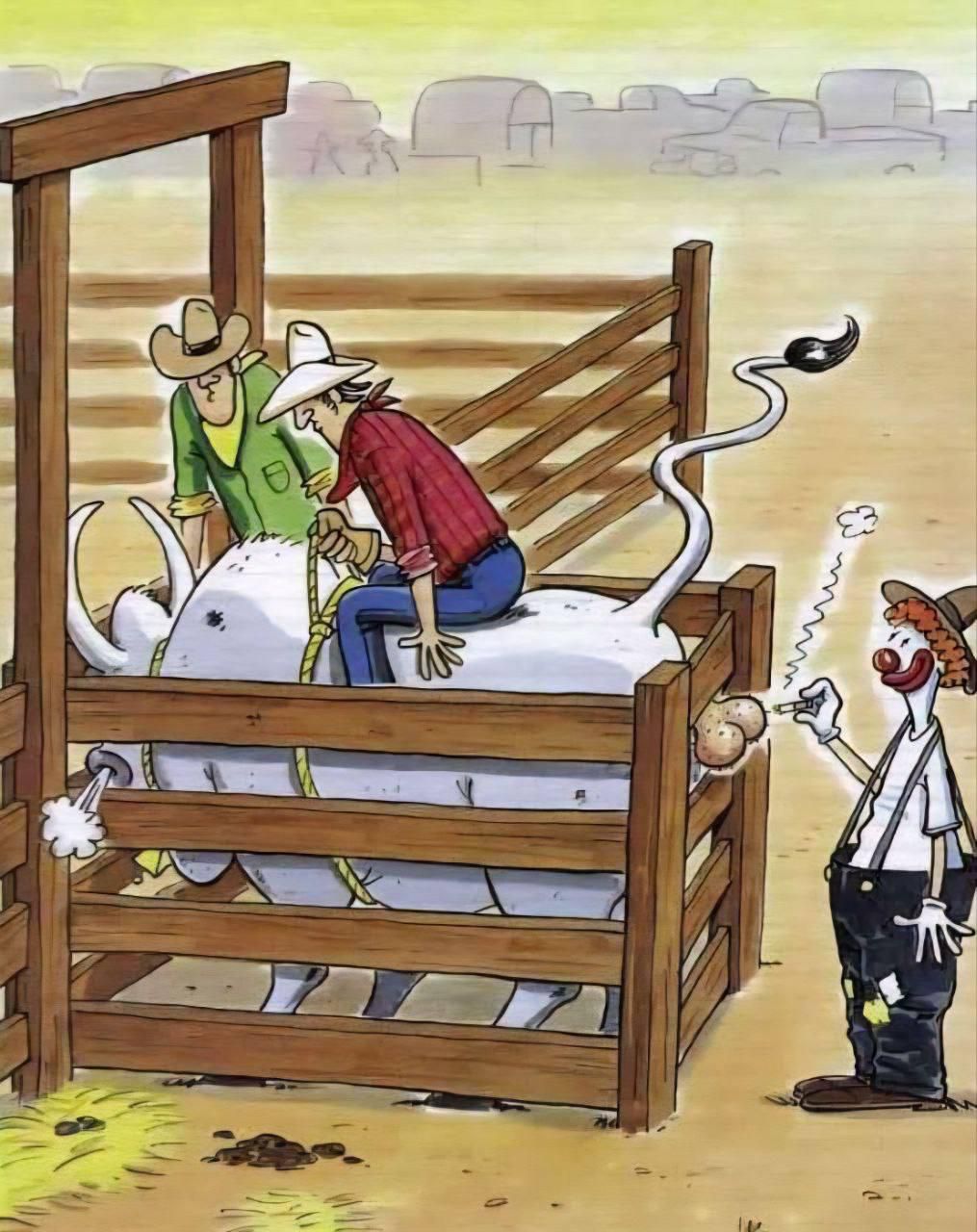 Карикатура: две фигуры рядом с большой коровой в клетке, справа — длинный гибкий персонаж.