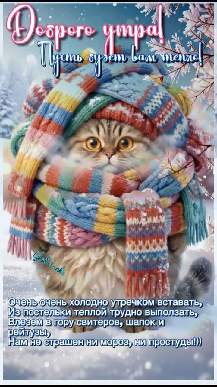 Доброе утро! Пусть будет вам тепло
Очень очень холодно утречком вставать, Из постельки теплой трудно вылазеть, Влезем в гору свитеров, шапок и рейтуз, Нам не страшен ни мороз, ни простуды!!