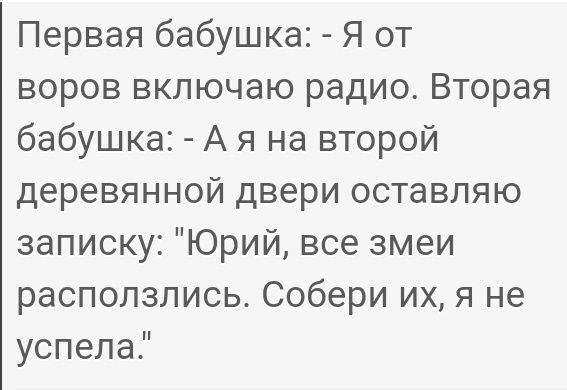 Первая бабушка Я от воров включаю радио Вторая бабушка А я на второй деревянной двери оставляю записку Юрий все змеи расползлись Собери их я не успела