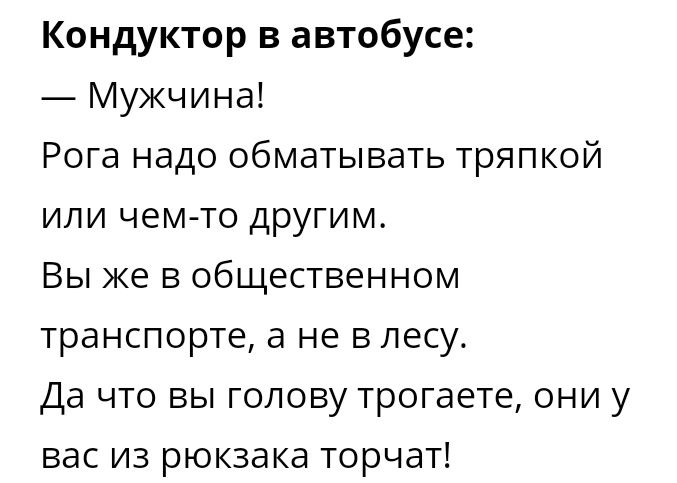 Кондуктор в автобусе Мужчина Рога надо обматывать тряпкой или чем то другим Вы же в общественном транспорте а не в лесу Да что вы голову трогаете они у вас из рюкзака торчат