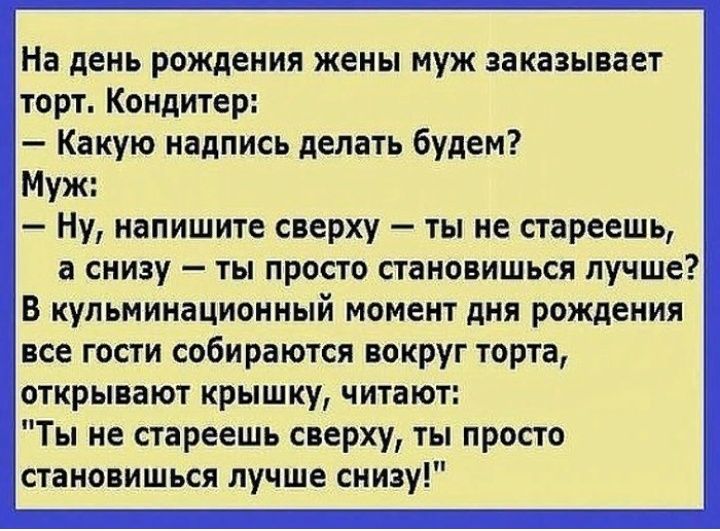 На день рождения жены муж заказывает торт Кондитер Какую надпись делать будем Муж Ну напишите сверху ты не стареешь а снизу ты просто становишься лучше В кульминационный момент дня рождения все гости собираются вокруг торта открывают крышку читают Ты не стареешь сверху ты просто становишься лучше снизу