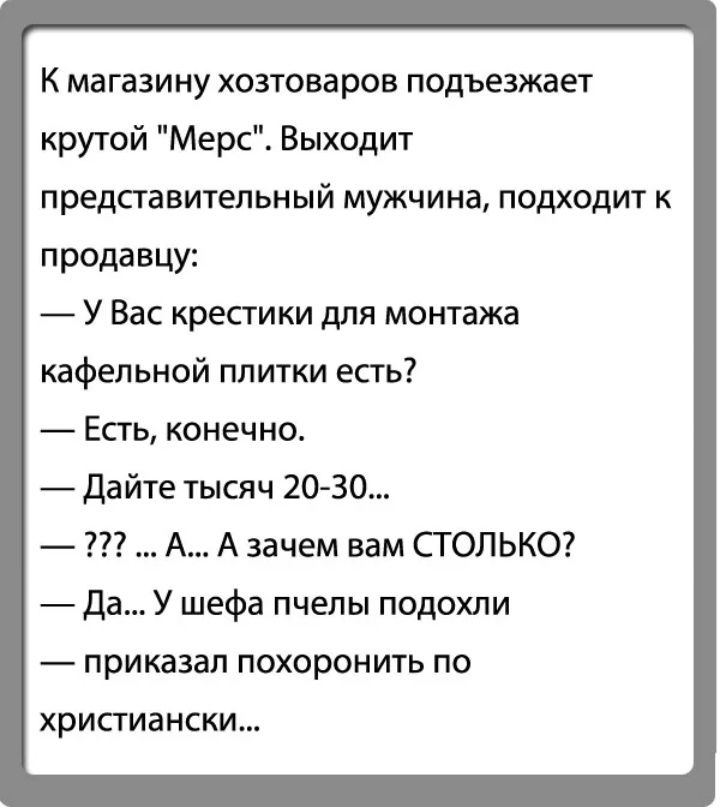 К МЗГЗЗИНУ хозтоваров ПОДЪЭЗЖЗеТ крутой Мерс Выходит представительный мужчина подходит к продавцу У Вас крестики для монтажа кафельной плитки есть Есть конечно Дайте тысяч 20 30 А А зачем вам СТОЛЬКО Да У шефа пчелы подохли приказал похоронить по христиански