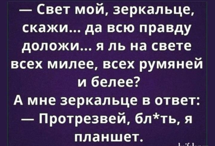 Свет мой зеркальце скажи да всю правду доложи я ль на свете всех милее всех румяней и белее А мне зеркальце в ответ Протрезвей блть я планшет 1г