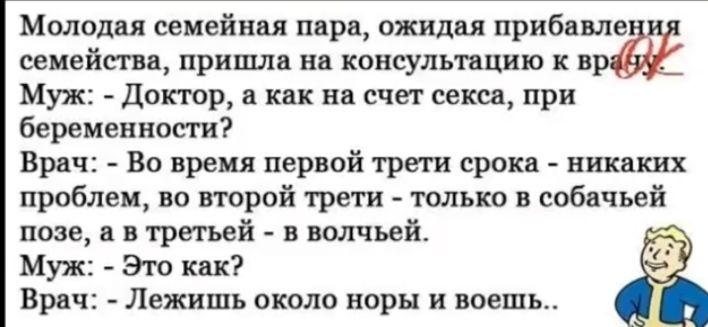 Молодая семейная пара ожидая прибавле семейства пришла на консультацию к вр Муж Доктор как на счет секса при беременности Врач Во время первой трети срока никаких проблем во второй трети только в собачьей позе в третьей в волчьей Муж Это кпк Врач Лежишь около норы и поешь Г