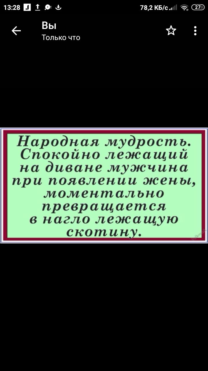 1328 1 9 782 квт а Вы Только что Народная мудрость Спокойно лежащий на диване мужчина при появлении жены моментально превращается в нагло лежащую скотин