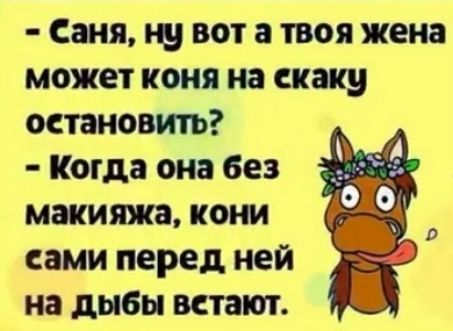 Саня ну вот а твоя жена может коня на скаку остановить Когда она без макияжа кони сами перед ней на дыбы встают