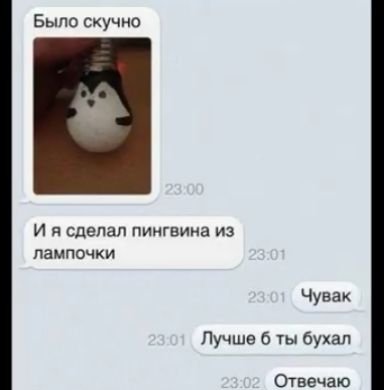Было скучно И я сделал пингвина из лампочки Чувак Лучше 6 ты бухал Отвечаю