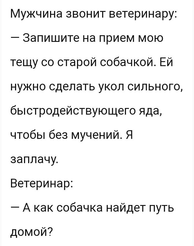 Мужчиназвонитветеринару Запишите на прием мою тыцусостаройсобачкойЕй нужносделатьуколсильного быстродействукпцегояда чтобьпбезпиученийЯ заплачу Ветеринар Акаксобачканайдетпуть домой