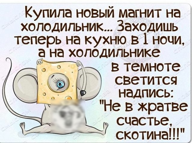 Купила новый магнит на холодильник Заходишь теперь на кухню в 1 ночи а на холодильнике Ёв 3 в темноте Л светится надпись _ _ Не в жратве _ счастье А скотина