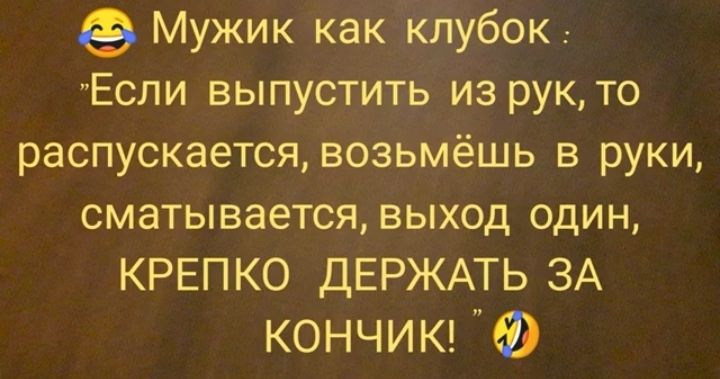 Мужик как клубок Если выпустить из рук то распускается возьмёшь в руки сматывается ВЫХОД ОДИН КРЕПКО ДЕРЖАТЬ ЗА кончию