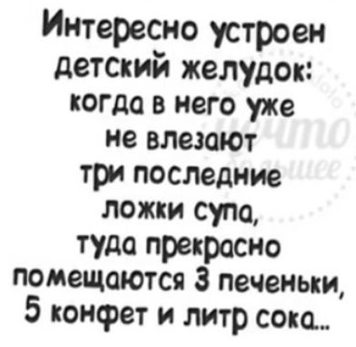 Интересно устроен детский желудок когда в него уже не влезают три последние ложки супа туда прекрасно помещаются 3 печеньки 5 конфет и литр сока