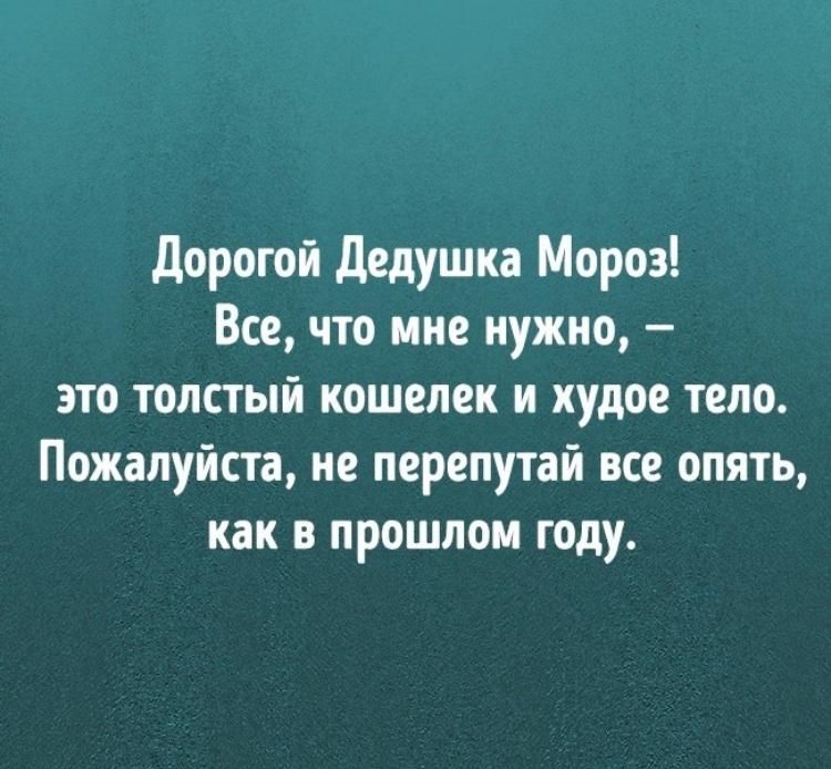 дорогой Дедушка Мороз Все что мне нужно это толстый кошелек и худое тело Пожалуйста не перепутай все опять как в прошлом году