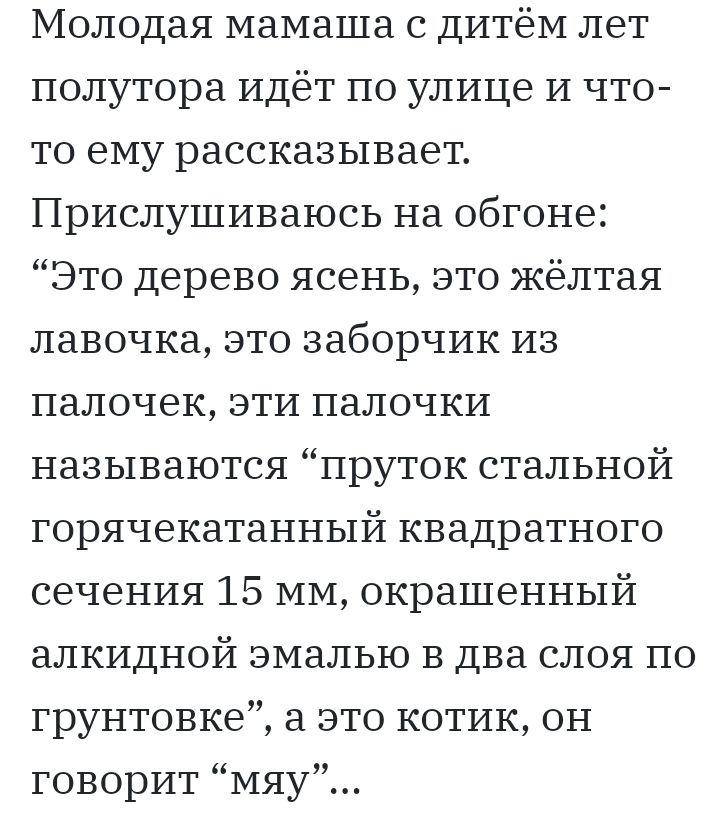 Молодая мамаша с дитёМ лет полутора идёт по улице И что то ему рассказывает Прислушиваюсь на обгоне Это дерево ясень это жёлтая лавочка это заборчик из палочек эти палочки называются пруток стальной горячекатанный квадратного сечения 15 ММ окрашенный алкидной эмалью в два слоя по грунтовке а это котик он говорит Мяу