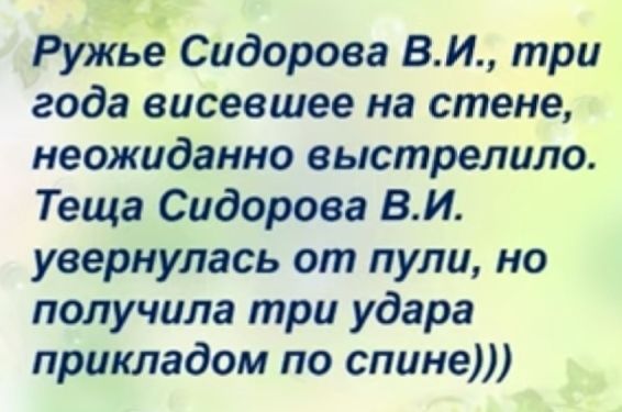 РунЁЁ Сидорова ВИ три года висевшее на стене неожиданно выстрелила Теща Сидорова ВИ увернулась от пули но получила три удара прикладом по спине