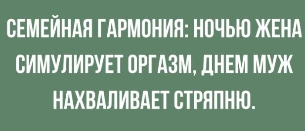 СЕМЕЙНАЯ ГАРМОНИЯ НОЧЬЮ ЖЕНА ВИМУЛИРУЕТ ОРГАЗМ ДНЕМ МУЖ НАХВАЛИВАЕТ СТРНПНЮ