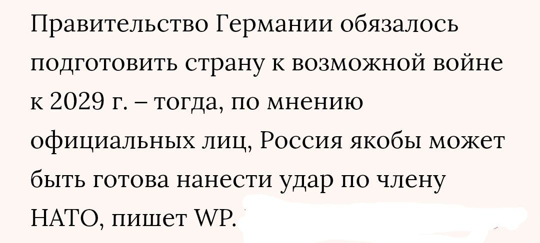 Правительство Германии обязалось подготовить страну к возможной войне к 2029 г. – тогда, по мнению официальных лиц, Россия якобы может быть готова нанести удар по члену НАТО, пишет WP.