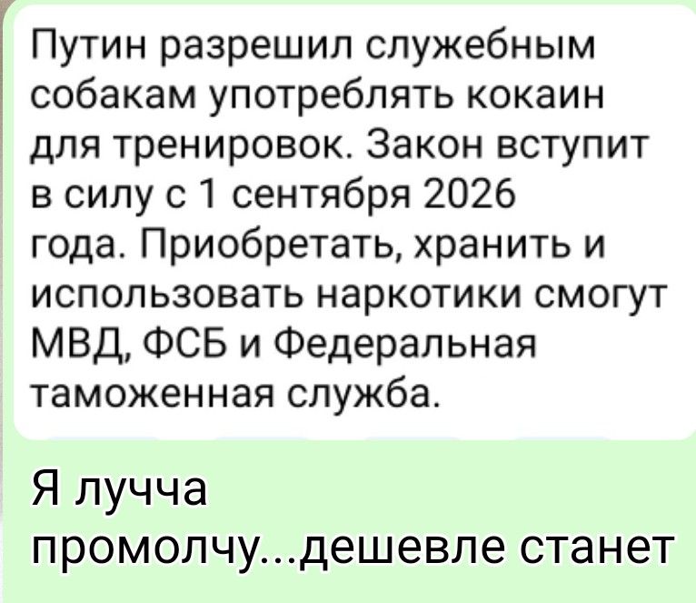 Путин разрешил служебным собакам употреблять кокаин для тренировок. Закон вступит в силу с 1 сентября 2026 года. Приобретать, хранить и использовать наркотики смогут МВД, ФСБ и Федеральная таможенная служба. Я лучше промолчу...дешевле станет