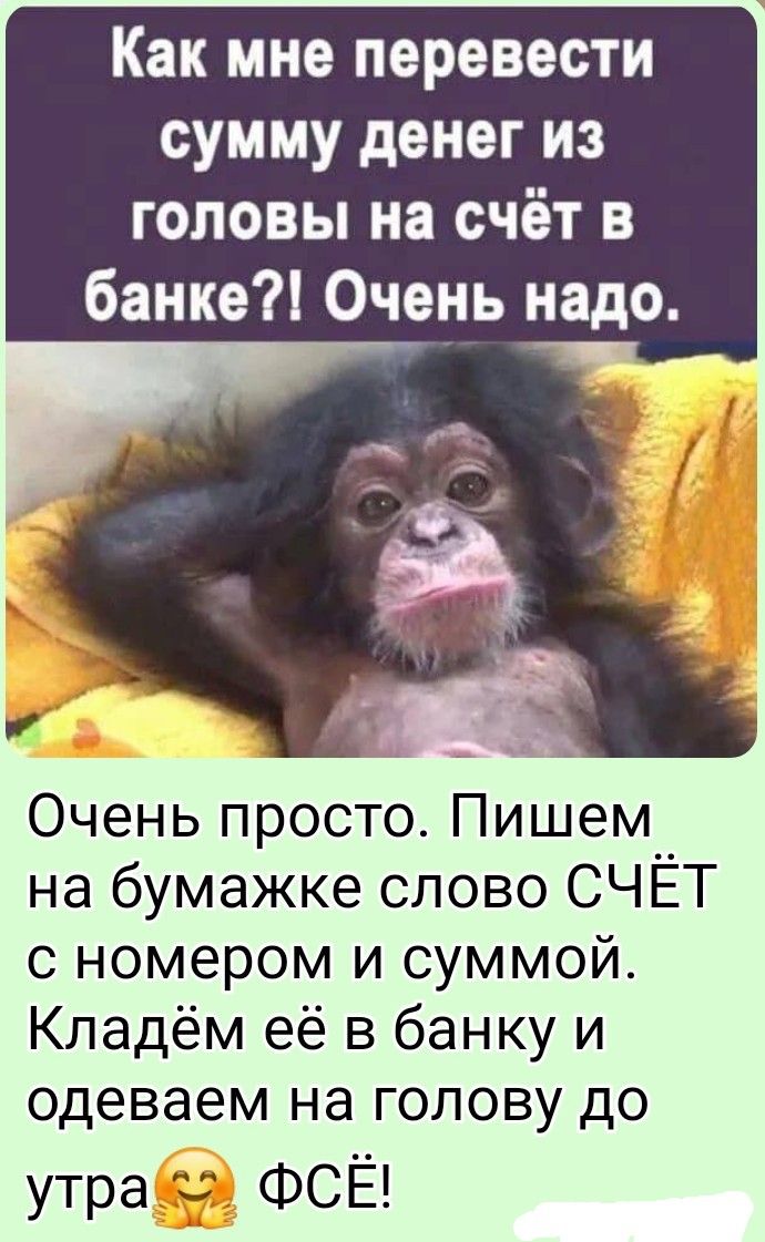 Как мне перевести сумму денег из головы на счёт в банке?! Очень надо. Очень просто. Пишем на бумажке слово СЧЁТ с номером и суммой. Кладём её в банку и одеваем на голову до утра. ФСЁ!