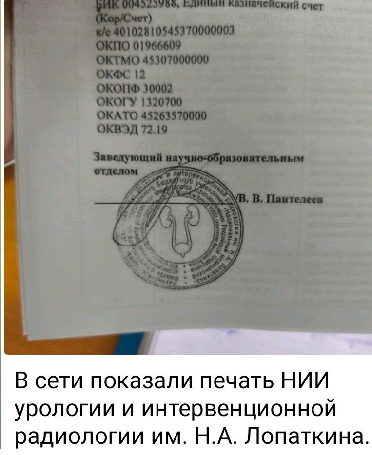 В сети показали печать НИИ урологии и интервенционной радиологии им. Н.А. Лопаткина.
