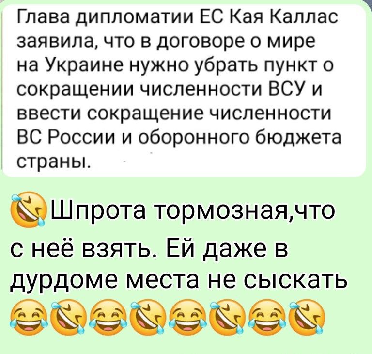 Глава дипломатии ЕС Кая Каллас заявила, что в договоре о мире на Украине нужно убрать пункт о сокращении численности ВСУ и ввести сокращение численности Вооружённых сил России и оборонного бюджета страны. 🤣 Шпорта тормозная, что с неё взять. Ей даже в дурдоме места не сыскать