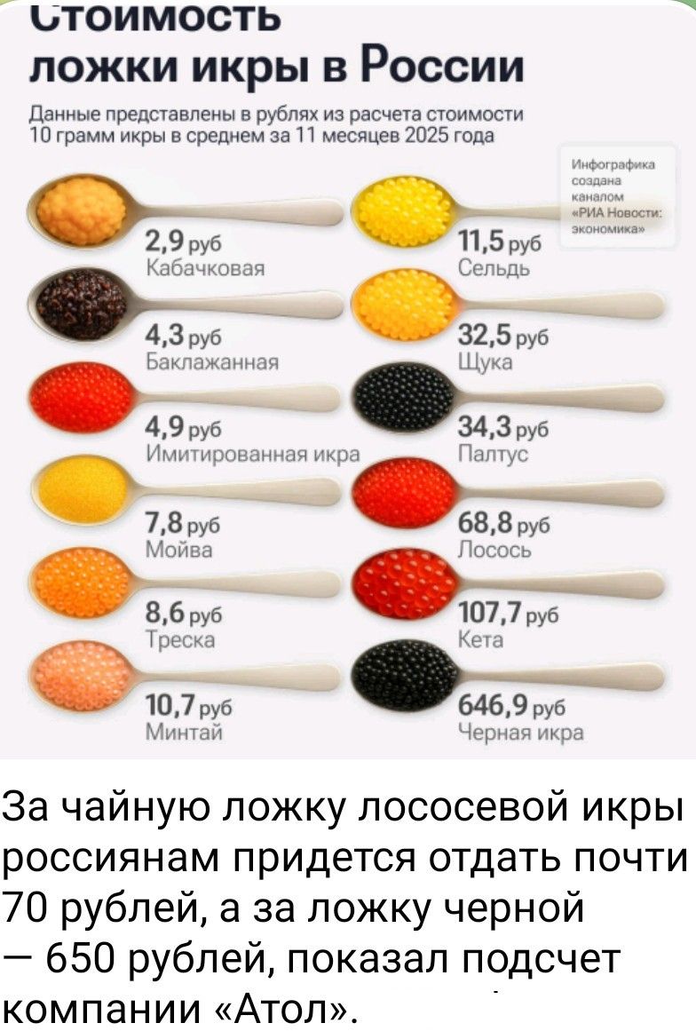 Стоимость ложки икры в России. Данные представлены в рублях из расчета стоимости 10 грамм икры в среднем за 11 месяцев 2025 года. Кабачковая 2,9 руб, Баклажанная 4,3 руб, Имитационная икра 4,9 руб, Моёва 7,8 руб, Треска 8,6 руб, Минтай 10,7 руб, Селедь 11,5 руб, Шкура 32,5 руб, Палтус 34,3 руб, Лосось 68,8 руб, Кета 107,7 руб, Черная икра 646,9 руб.