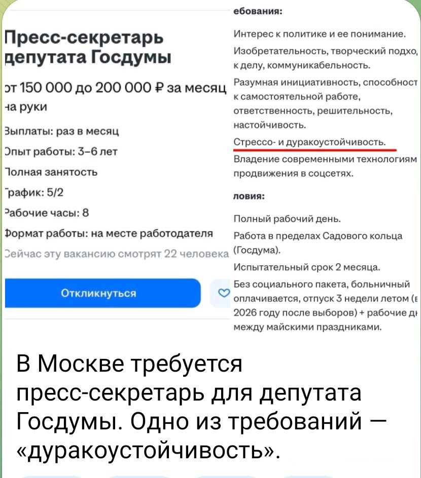 В Москве требуется пресс-секретарь для депутата Госдумы. Одно из требований – «дуракоустойчивость».