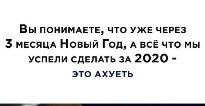 Вы ПОНИМАЕТЕ что УЖЕ ЧЕРЕЗ 3 МЕСЯЦА Новый Год А ВСЁ что мы УСПЕЛИ СДЕЛАТЬ ЗА 2020 это АХУЕТЬ