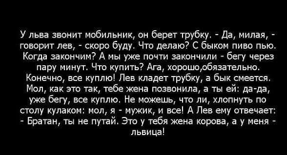 У льва звонит мобильник он берет трубку Да милая говорит лев скоро буду Что делаю С быком пиво пью Когда закончим А мы уже почти закончили бегу через пару минут Что купить Ага хорошорбяэательно Конечно все куплю Лев кладет трубку а бык смеется Мол как это так тебе жена позвонила а ты ей да да уже бегу все куплю Не можешь что ли хлопнуть по сголу кулаком мол я мужик и все А Лев ему отвечает Братан 