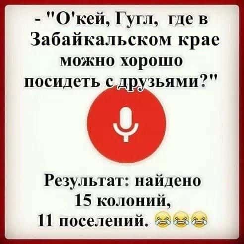 Окей Гугл где в Забайкальском крае можно хорошо посидеть с друзьями Результат найдено 15 колоний 11 поселений