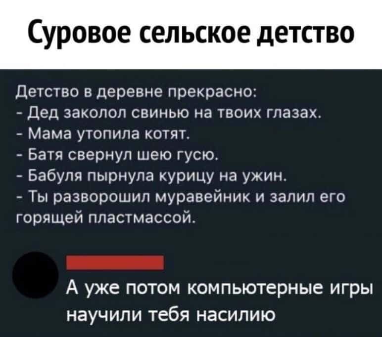 Суровое сельское детство детство в деревне прекрасно Дед заколол свиные на твоих глазах Мама утопила котят Батя свернул шею гусю Бабуля нырнула курицу на ужин Ты разворошил муравейник и залил его горящей пластмассой А уже ПОТОМ КОМПЬЮТЕРНЫЕ ИГРЫ НВУЧИЛИ ТЕБЯ НЭСИПИЮ