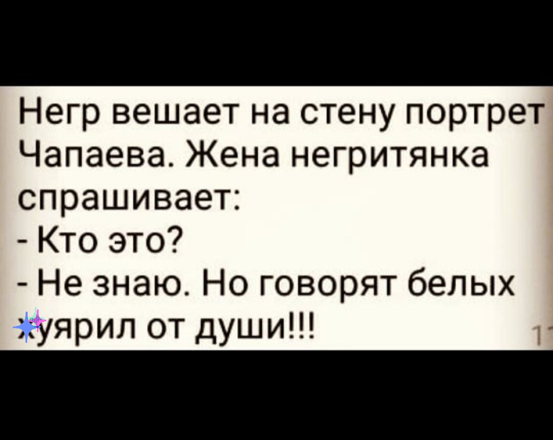 Негр вешает на стену портрет Чапаева Жена негритянка спрашивает Кто это Не знаю Но говорят белых уярип от души