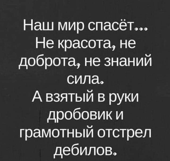 Наш мир спасёт Не красота не доброта не знаний сила А взятый в руки дробовик и грамотный отстрел дебилов