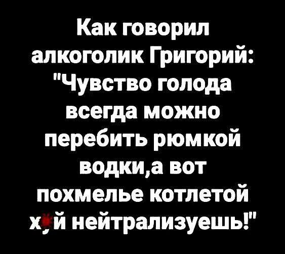 Как говорил алкоголик Григорий Чувство голода всегда можно перебить рюмкой водкиа вот похмелье котлетой х й нейтрализуешь