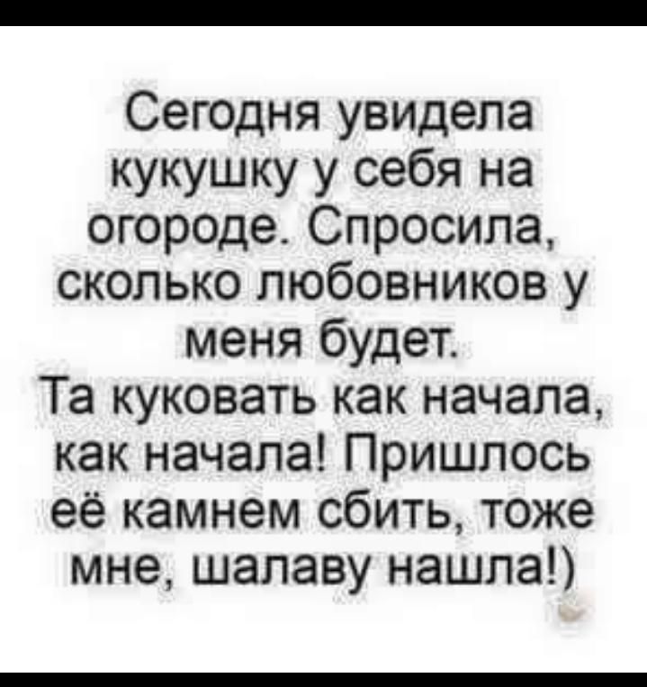 Сегодня увидела кукушку у себя на огороде Спросила сколько любовников у меня будет Та куковать как начала как начала Пришлось её камнем сбить тоже мне шалаву нашла